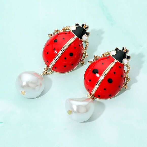 NEW Bold Pearl Drop Ladybug Red Statement Earrings - Picture 1 of 6